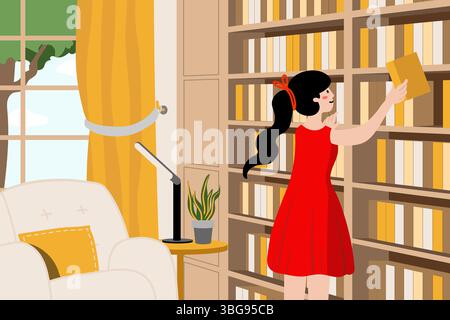 Une illustration cosy et minimaliste des moments de la vie quotidienne avec des éléments de narration. Une femme choisissant un livre dans une bibliothèque. Capture le pe Banque D'Images