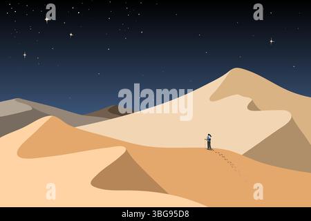 Une illustration cosy et minimaliste des moments de la vie quotidienne avec des éléments de narration. Un voyageur solitaire debout sur une dune du désert sous les étoiles. Représ Banque D'Images