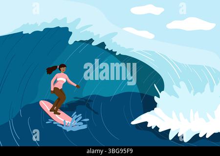 Une illustration cosy et minimaliste des moments de la vie quotidienne avec des éléments de narration. Une femme surfant sur une vague. Une scène estivale animée et stimulante avec Banque D'Images