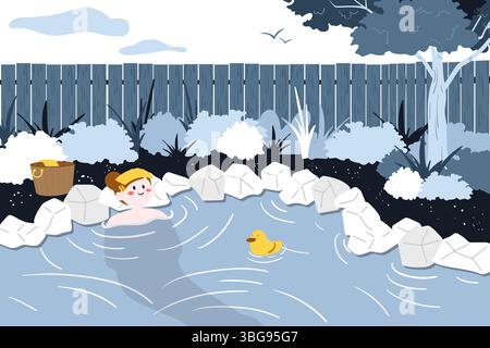 Une illustration cosy et minimaliste des moments de la vie quotidienne avec des éléments de narration. Une femme profitant d'un onsen en plein air avec un jouet canard. Moissonneuses-batteuses Banque D'Images
