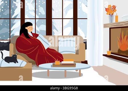 Une illustration cosy et minimaliste des moments de la vie quotidienne avec des éléments de narration. Une femme dans une couverture près de la cheminée. Parfait pour l'hiver et Hol Banque D'Images