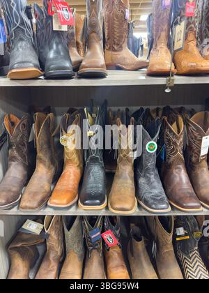 01 JUIN 2025 - Austin, TX, USA - Une rangée de bottes de cow-boy authentiques traditionnelles à vendre dans un magasin à Austin, TX Banque D'Images