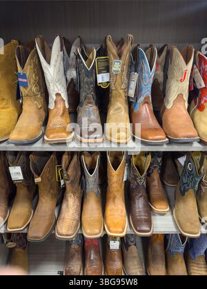 01 JUIN 2025 - Austin, TX, USA - Une rangée de bottes de cow-boy authentiques traditionnelles à vendre dans un magasin à Austin, TX Banque D'Images