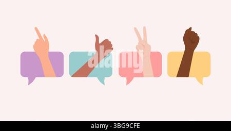 Mains de différents tons de peau montrant divers gestes dans des bulles de parole colorées. Illustration vectorielle plate Illustration de Vecteur