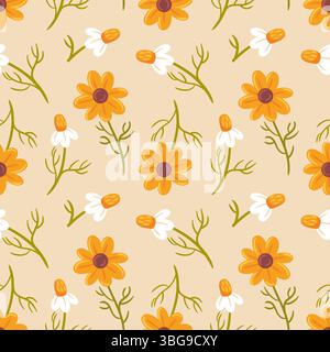 le motif cottagecore sans couture présente des marguerites délicates, des fleurs jaunes vibrantes, placées sur un fond doux. le design charmant capture un fantaisiste, n Illustration de Vecteur