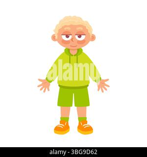 Une charmante illustration vectorielle d'un garçon blond aux cheveux bouclés vêtu d'une tenue verte, arborant un sourire doux et serein. Son expression joyeuse respire la guerre Illustration de Vecteur