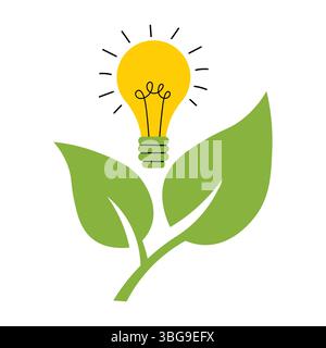 Éco-conception de dessin animé plat avec une ampoule lumineuse émergeant de feuilles vertes fraîches, symbolisant des idées durables, la protection de l'environnement, renouveler Illustration de Vecteur