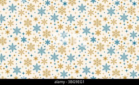 Modèle sans couture avec divers flocons de neige et étoiles scintillantes dans un style de bande dessinée plat. Un design d'hiver festif et confortable parfait pour l'emballage de Noël, b Illustration de Vecteur