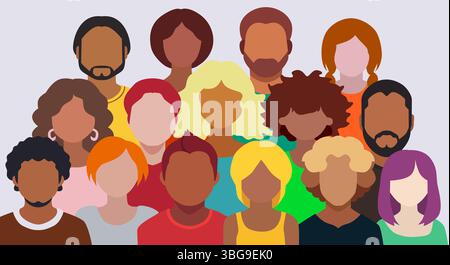 Ensemble de divers avatars humains sans visage avec différentes coiffures et tons de peau sur un fond clair. Illustration de Vecteur