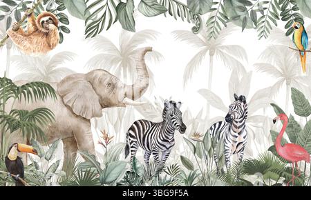 Safari animaux fond d'écran : éléphant, zèbre, Toucan, Flamingo dans la jungle mutée Banque D'Images