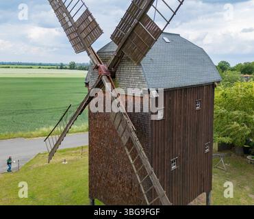 Wilhelmsaue, Allemagne. 31 mai 2025. Le moulin à vent à chevalets Wilhelmsaue dans l'Oderbruch (vue aérienne prise avec un drone). Le moulin à vent à chevalets a été construit entre 1883 et 84 et est maintenant le dernier de son genre dans l'Oderbruch. Des dizaines de moulins ouvrent leurs portes aux visiteurs le lundi de Whit. La 32ème Journée des moulins allemands se concentre sur le commerce des moulins, la technologie, l'utilisation actuelle et les moulins eux-mêmes. Crédit : Patrick Pleul/dpa/Alamy Live News Banque D'Images