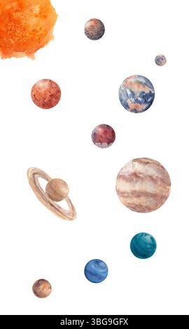 Aquarelle planètes du système solaire sur fond blanc. Illustration dessinée à la main de Soleil, Lune, Mercure, Vénus, mars, Terre, Jupiter, Saturne, Neptune, Uranu Banque D'Images