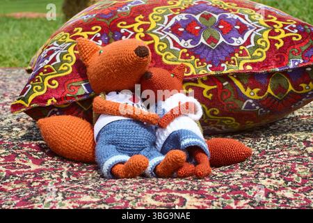 Deux jouets de renard en tricot doux, habillés de vêtements et avec des sacs à dos, blottis l'un à l'autre sur un tapis oriental coloré à côté d'un oreiller de jet, créant Banque D'Images
