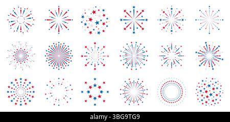 Jeu d'icônes de feux d'artifice du 4 juillet, collection de feux d'artifice des États-Unis, symboles de décoration d'éclatement des États-Unis pour l'illustration du 4 juillet ou de la fête du travail, vecteur bleu et rouge f Illustration de Vecteur
