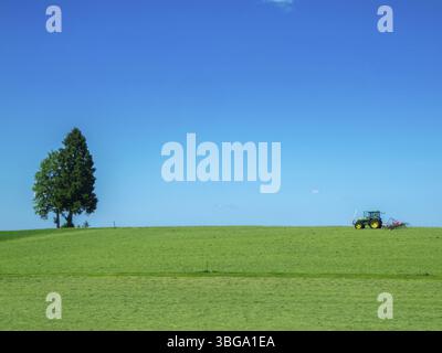 Vue paysage d'un pâturage fraîchement tondu avec un seul arbre et tracteur avec remorque de tonte sous un ciel bleu en Bavière Banque D'Images