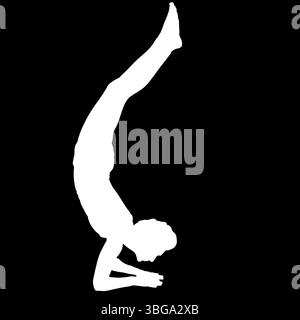 Silhouette négative d'une personne féminine effectuant l'exercice de yoga Scorpion Vrischikasana Banque D'Images