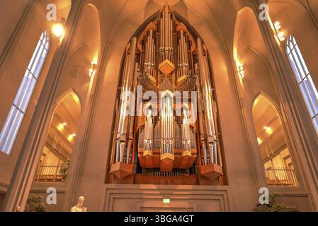 Hallgrimskirkja, avec sa flèche imposante, domine l'horizon de Reykjavik. Son design moderniste, l'intérieur de l'église dans une lumière jaune chaude Banque D'Images