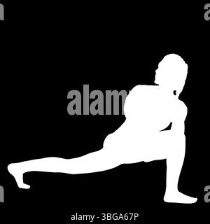 Silhouette négative d'une personne féminine effectuant l'exercice de yoga Spinning Hero Virabhadrasana dans une variante Banque D'Images