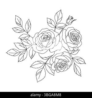 Fleurs de rose minimalistes, bourgeons, feuilles et branches dans le style ligne. Éléments décoratifs pour tatouages, logos et emblèmes. Collection de vecteur plat de dessin animé Illustration de Vecteur
