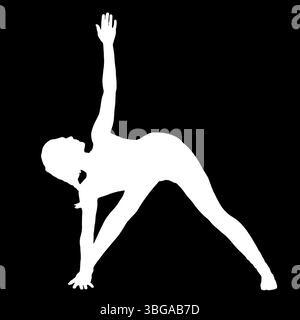 Silhouette négative d'une personne féminine effectuant l'exercice de yoga étiré Triangle pose Utthita Trikonasana Banque D'Images