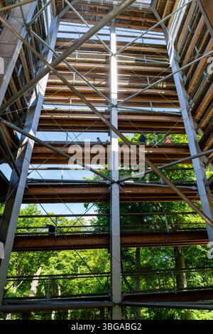 Heringsdorf, Mecklembourg-Poméranie occidentale, Allemagne - 29 mai 2025 : Grande tour en bois-acier du Baumwipfelpfad avec rampe spiralée à l'intérieur, surroun Banque D'Images