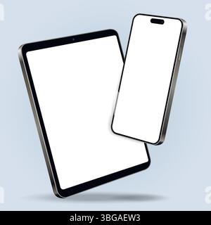 Smartphone avec maquette de tablette avec écrans vierges tout en lévitant dans l'air sur un fond bleu. Illustration vectorielle. Illustration de Vecteur