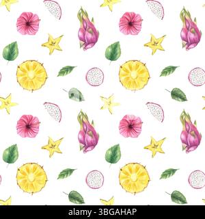 Motif aquarelle tropicale sans couture avec pitaya, tranches d'ananas, étoiles et feuilles. Illustration isolée de fruits botaniques exotiques peints à la main Banque D'Images