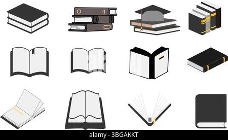 'Collection d'icônes de livres, y compris les livres empilés, les livres ouverts et la casquette de remise des diplômes' Illustration de Vecteur