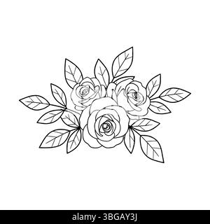 Fleurs de rose minimalistes, bourgeons, feuilles et branches dans le style ligne. Éléments décoratifs pour tatouages, logos et emblèmes. Collection de vecteur plat de dessin animé Illustration de Vecteur