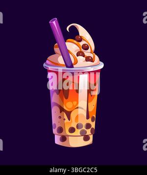 Thé à bulles de lait, tasse en verre de boisson de milkshake de bande dessinée avec paille à boire, dessert vecteur. Thé aux bulles de lait ou boisson sucrée de chocolat, caramel sur crème fouettée avec perles de boba pour le menu milkshake Illustration de Vecteur