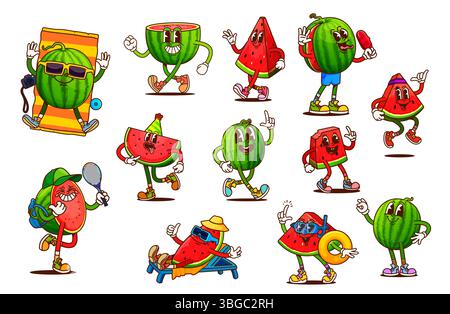 Personnages de pastèque groovy de dessins animés de nourriture agricole hippie rétro. Vecteur fruits psychédéliques s'amusant à la fête et aux vacances d'été, courir et sauter. Groovy tranches entières et triangulaires de pastèque Illustration de Vecteur