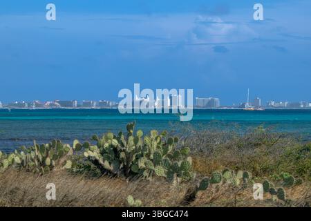 Vue sur les gratte-ciel d'Aruba depuis la côte de la plage d'Arashi Banque D'Images