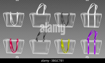 Maquettes de sac fourre-tout transparent ensemble isolé sur fond. Illustration réaliste vectorielle des acheteurs vierges avec poignées textiles, sacs à main réutilisables avec espace pour la marque d'entreprise, accessoire de mode Illustration de Vecteur