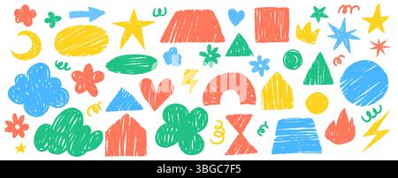 Ensemble d'autocollants crayon doodle - gribouilles enfantines colorées de coeurs et d'étoiles, nuages et fleurs, éclairs et formes géométriques simples. Formes esquisses décoratives mignonnes pour les projets de conception d'enfants. Illustration de Vecteur