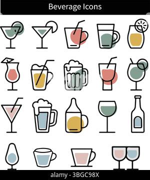 Icônes Modern Beverage Line - lunettes de boisson colorées, tasses et bouteilles Vector Set Illustration de Vecteur