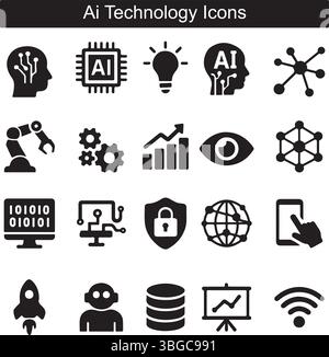 Jeu d'icônes de technologie IA - neurones, robotique, apprentissage automatique et symboles de données Illustration de Vecteur