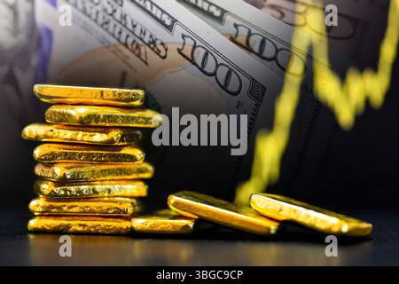 Lingots d'or et billets de banque en dollars américains fond. commerce d'actifs de concept en ligne ou acheter des lingots d'or pour l'investissement Banque D'Images