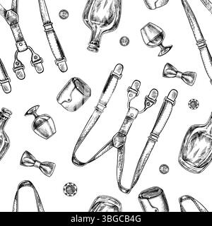 Motif S-thème sans coutures pour hommes. Cognac, bretelles, jetons de casino et un sac à main. Illustration vectorielle faite à la main. Image en noir et blanc. Pour textiles Illustration de Vecteur