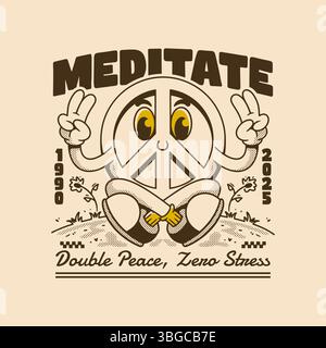 Personnage de paix drôle méditant en plein air avec des vibrations apaisantes et une sensation vintage relaxante Illustration de Vecteur