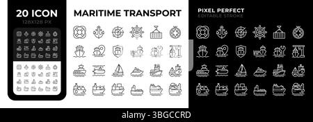 Transport maritime pixel parfait icônes de ligne noir et blanc défini Illustration de Vecteur