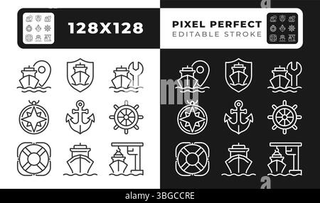 Ensemble d'icônes de ligne noire et blanche parfaites de pixel de l'industrie maritime Illustration de Vecteur