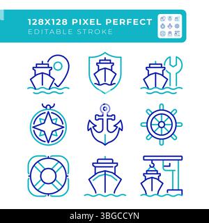 Ensemble d'icônes de ligne de couleur parfait pixel de l'industrie maritime Illustration de Vecteur