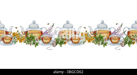Bordure aquarelle avec théière en verre, calendula, fleurs de camomille, abeilles et feuilles. Élément horizontal sans couture sur fond blanc. Pour emballage de thé, menu, produits naturels. Banque D'Images