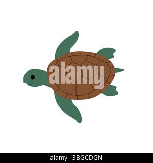 Jolie illustration de tortue de mer avec des palmes vertes et une coquille brune. Conception vectorielle plate simple, isolée sur fond blanc, parfaite pour l'éducation Illustration de Vecteur