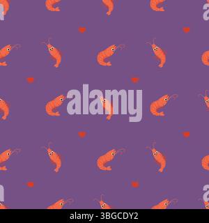 Motif sans couture avec animal de crevettes mignon sur fond violet foncé avec des coeurs. Illustration vectorielle Illustration de Vecteur