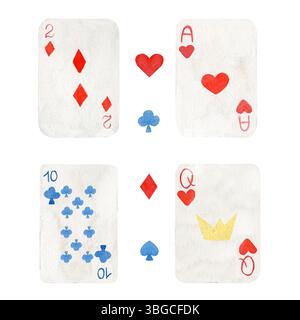 Illustration aquarelle de quatre cartes à jouer et symboles de costume. Style doux peint à la main. Idéal pour les cartes de vœux, les jeux, les livres pour enfants, ou Banque D'Images