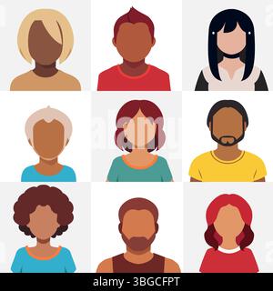 Ensemble de divers avatars humains sans visage avec différentes coiffures et tons de peau sur un fond clair. Illustration de Vecteur