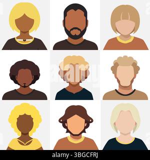 Ensemble de divers avatars humains sans visage avec différentes coiffures et tons de peau sur un fond clair. Illustration de Vecteur