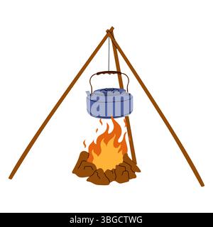 Bouilloire de camping suspendue au-dessus du feu ouvert Illustration de Vecteur