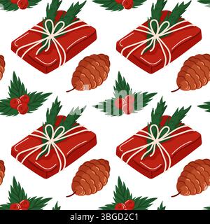 Cadeau de Noël enveloppé modèle sans couture avec pomme de pin et feuilles de houx dans le style de bande dessinée. Conception pour emballage de vacances, papier peint saisonnier et festif Illustration de Vecteur
